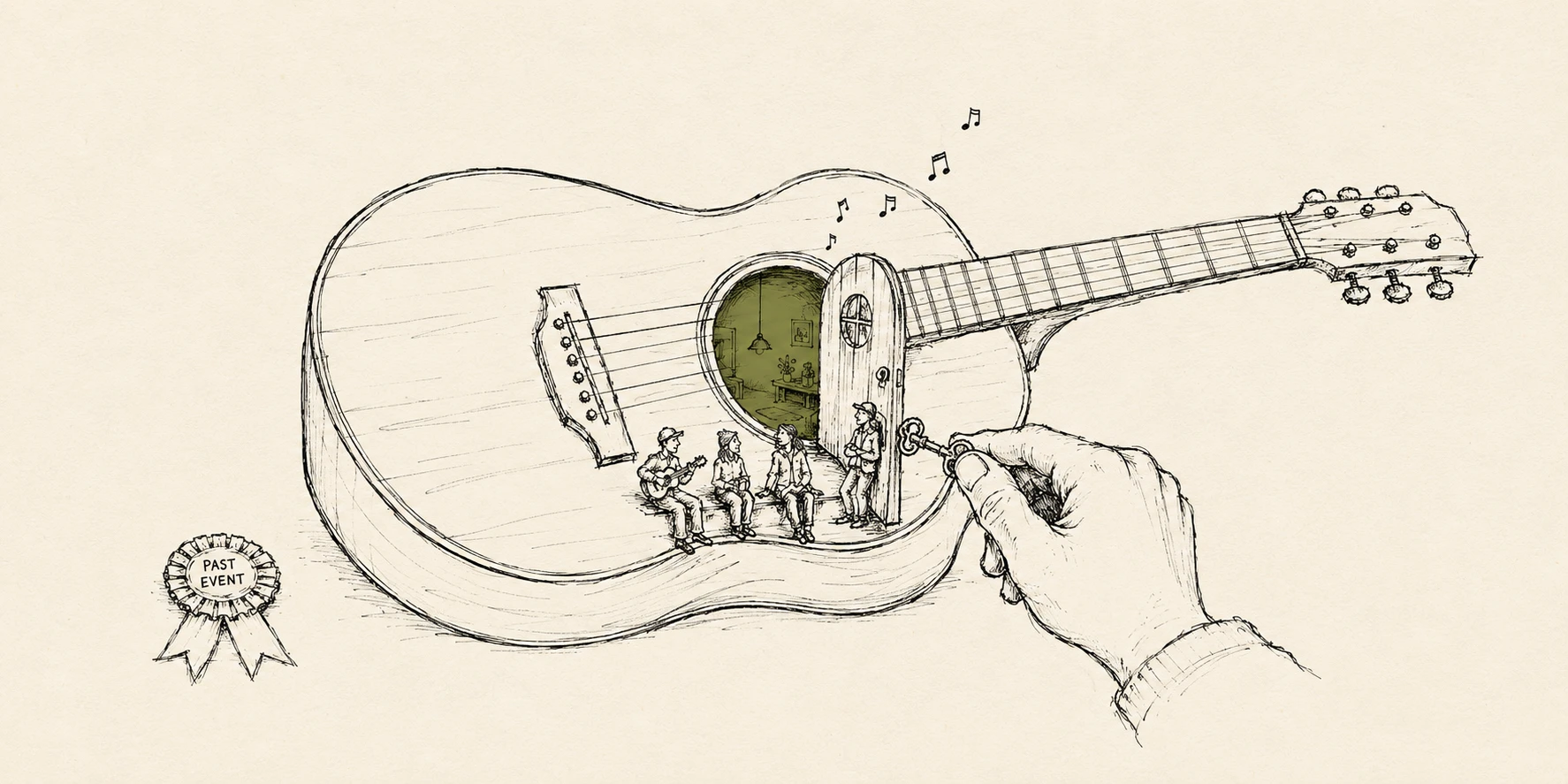 A hand-drawn acoustic guitar whose soundhole opens as the doorway of a small home, its warm olive-lit interior visible inside. Four small singer-songwriter figures are gathered on the threshold, one playing guitar, with musical notes drifting up. A hand enters from the right and turns a key in the door — taking ownership. A contest rosette labelled "past event" rests apart on the left.