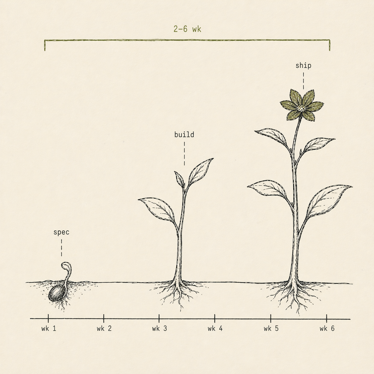 A seedling shown in three stages of growth from week one to week six, labeled spec, build, and ship.